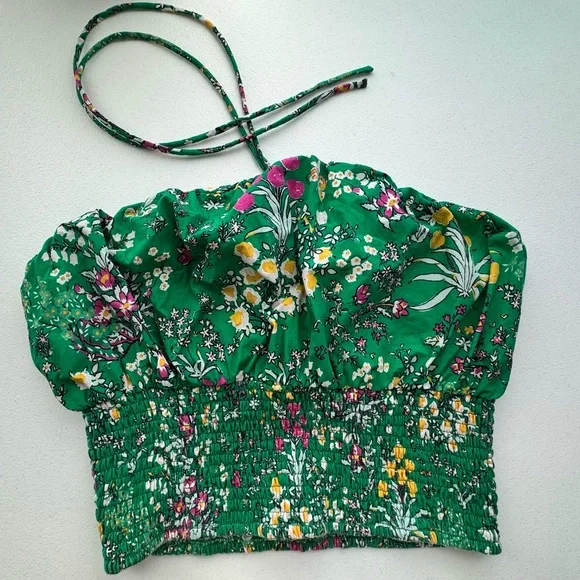 Maeve Anthropologie Green Floral Smocked Boho Halter Crop Top Size Medium - Picture 3 of 7